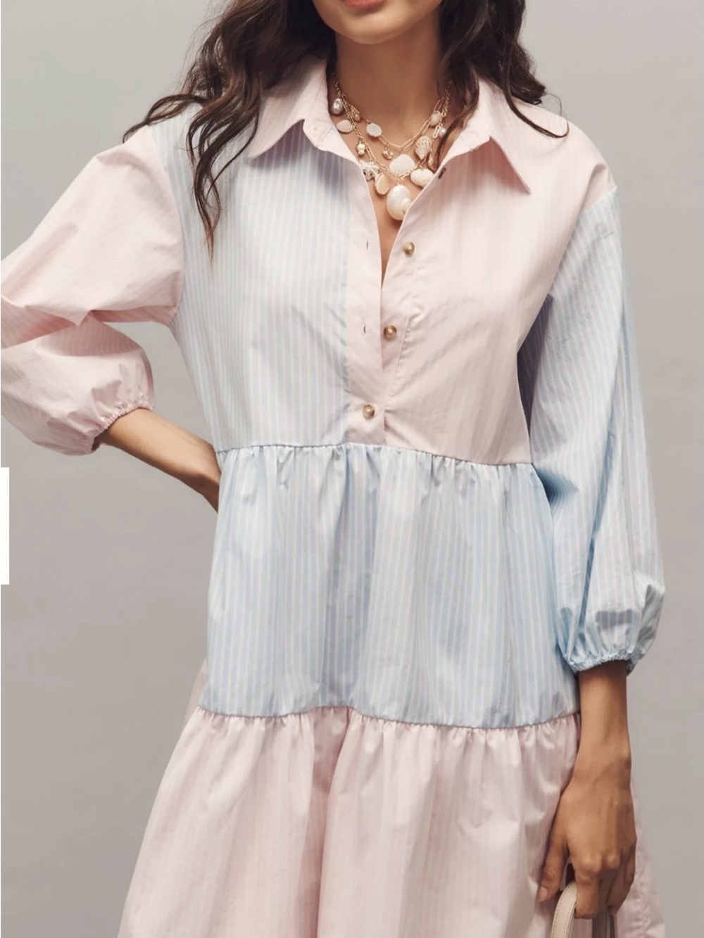 Anthropologie The Bettina Mix Stripe Dress Pink Blue Shirt Dress S